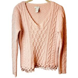 Tweeds Angora & Lambs Wool‎ Soft Pink V-Neck Cable Knit Sweater Knit Lace Edge M